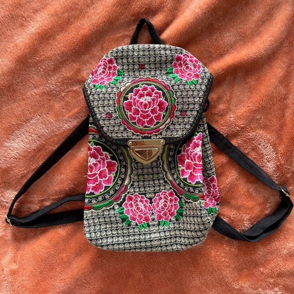 Floral Embroidered Backpack Boho Mexican Drawstring Satchel Multicolor - Picture 1 of 10